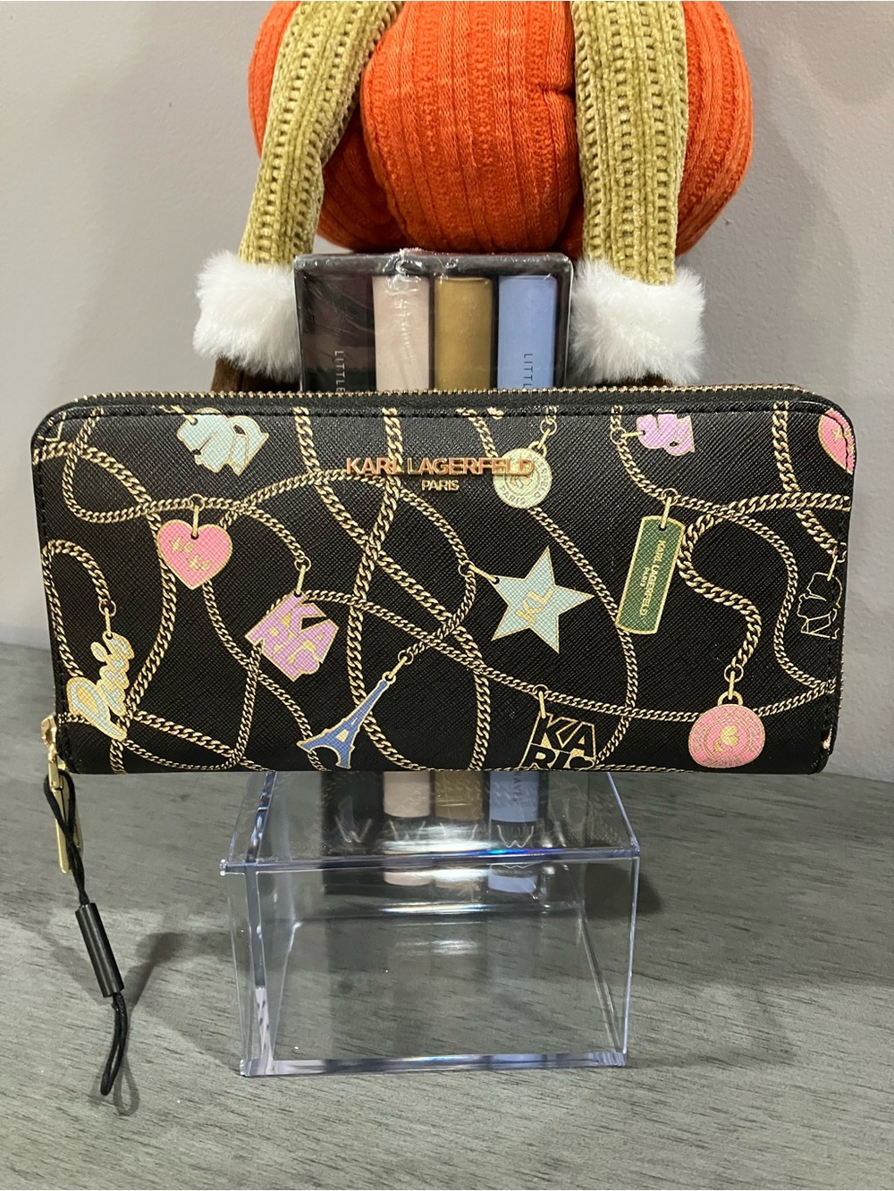 Karl Lagerfeld Black Zip Wallet with Pastel Charm Print NWOT